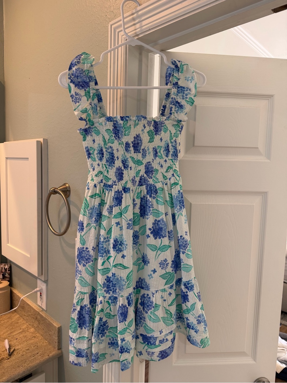 Roller Rabbit Blue Floral Smocked Sundress with Green Leaves